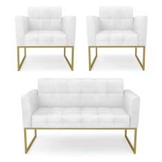 Kit 1 Sofá Namoradeira E 2 Poltronas Elisa Corano Base Metálica Industrial Dourado - D`rossi Cor Branco