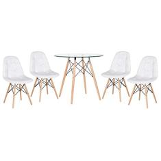 Loft7, Kit Mesa de vidro Eames 80 cm + 4 cadeiras estofadas Eiffel Botonê branco