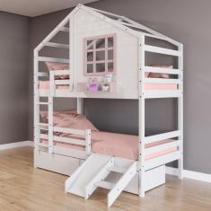 Beliche Casinha com Janela com 02 Gavetas com Escada/ Escorregador e Grade de Proteção Madeira Maciça Branco/ Rosa Housin