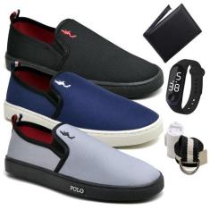 Kit 3 Tênis Slip On Masculino Lona + Carteira + Relógio + Cinto + Meia