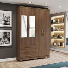 Guarda-roupa Solteiro 4 Portas 3 Gavetas com Espelho Caju Castanho HP