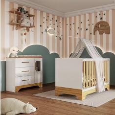 Quarto de Bebê Cômoda 1 Porta com Janela e Berço Minicama 100% Mdf Liam Espresso Móveis Branco Brilho/Amêndoa