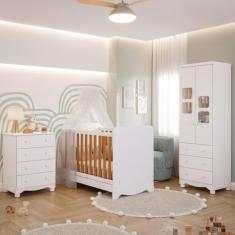 Quarto de Bebê Completo Berço Americano Ben 3 Em 1 Cômoda Júnior Simples 4 Gavetas Guarda Roupa Uli 2 Portas 3 Gavetas 100% MDF Móveis Peroba