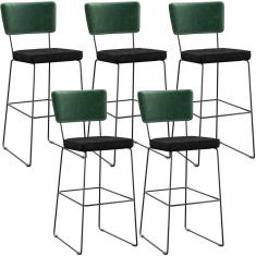 Kit 5 Banquetas Altas Allana L02 Industrial Aço Assento Estofado Verde Musgo Chumbo Lyam Decor