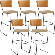 Kit 5 Banquetas Altas Allana L02 Industrial Aço Assento Estofado Whisky Linho Bege Escuro Lyam Decor
