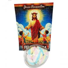Presente De Páscoa Marshmallow Colorido + Quebra-cabeça Jesus Ressuscitado De 60 Peças