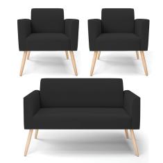 Sofá Namoradeira com 2 Poltronas Pés Palito Natural Marisa Veludo Preto D03 - D'Rossi