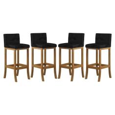 Kit 4 Banquetas Alta Encosto Estofado 38x100 Cm Ilha Espanha Madeira Maciça Amêndoa Suede Preto CCS