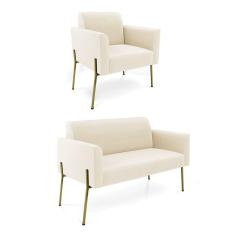 Sofá Namoradeira e Poltrona Pé de Ferro Dourado Salão Marisa Veludo Bege D03 - D`Rossi