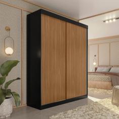 Guarda-Roupa Solteiro 2 Portas de Correr 2 Gavetas Peônia Yescasa Preto/Amêndola