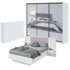 Quarto com Guarda-roupa 3 Espelhos 3 Portas 6 Gavetas, Cômoda 2 Portas 7 Gavetas e Cama Solaris Branco