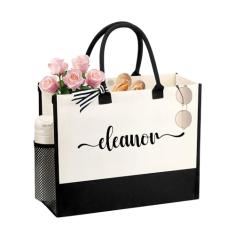JTENGTOP Sacola feminina com nome personalizado, presente de dama de honra de aniversário, melhor amiga, dama de honra, bolsas de lona com inicial, Preto e branco, 17" x 6.5" 13"