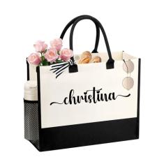 JTENGTOP Sacola feminina com nome personalizado, presente de dama de honra de aniversário, melhor amiga, dama de honra, bolsas de lona com inicial, Preto e branco, 17 x 6.5 13 inches