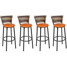 Kit 4 Banquetas Altas Preta com Encosto Junco Capuccino Assento Laranj