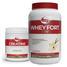 Kit Whey Fort 3W Pote 900g Sabores + Creatina Vitafor 300g, Baunilha, 