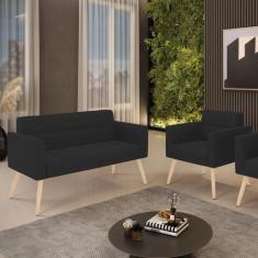 Kit 1 Sofá Namoradeira e 1 Poltrona Elisa Veludo Pés Palito Natural D0