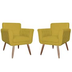 Kit 02 Poltronas Decorativas Isabela em Tressê Pés Palito Suede Amarelo - DS Estofados