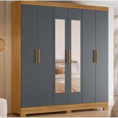 Guarda Roupa Casal 6 Portas 2 Gavetas com Espelho Freijo / Cinza / Ripado Valença - Moval