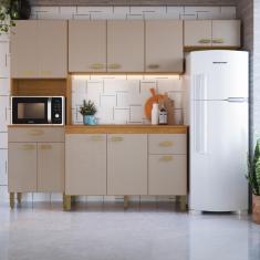 Cozinha Modulada Compacta Fidelitá Mariana 4 Peças 240cm 12 Portas 2 Gavetas Com Tampo Freijó/Camurça