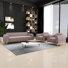 Conjunto Sofá 3 Lugares e Poltrona Base de Madeira Euro 230 cm Veludo Rosê G15 - Gran Belo
