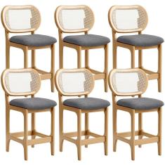 Kit 6 Banquetas Baixa Bar Cozinha Sala De Jantar Betta L02 Mel Tela Linho Cinza Escuro - Lyam Decor