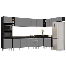 Armário De Cozinha Modulada De Canto 9 Peças Cp06 Balcão Com Pia Inox Preto-cinza - Lumil