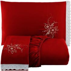 Lencol Casal Queen Size 3Pçs Bordado com Lese - Ravi Enxovais, vermelh