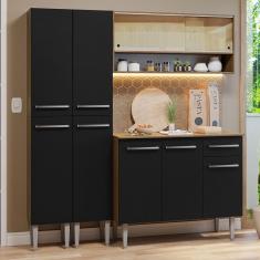 Cozinha Compacta Emilly 7 Portas 1 Gaveta MDF 169cm Preto Rustic com Tampo e Pés Reguláveis