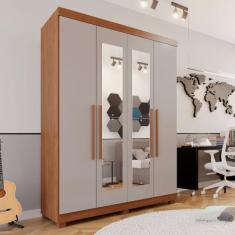 Guarda-roupa Solteiro 4 Portas 3 Gavetas com Espelho com Pés Roma Espresso Móveis Cinamomo/Off White