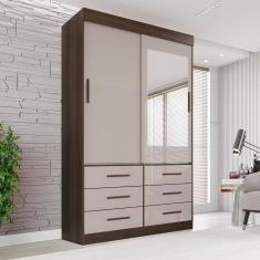 Guarda Roupa Solteiro 2 Portas com Espelho 6 Gavetas Luana Savana/Off