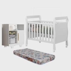 Quarto de Bebê com Berço Mini Cama com Colchão Slim e Cômoda 100% Mdf 1 Porta 3 Prateleiras