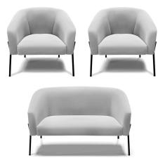 Sofá Namoradeira E 2 Poltronas Pé De Ferro Preto Stella Suede D03 - D'rossi Cor Cinza