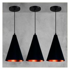 Kit 3 Lustres Pendente Cone Em Alumínio Preto Fosco E Cobre