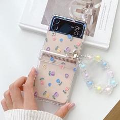 Para Samsung Z Flip 4 Case Pequeno Floral Transparente Folding Phone Case com Pulseira Para Samsung Z Flip 3 ZFlip4 Capa Rígida, E, Para Samsung Z Flip 3