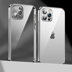 Capa de telefone com revestimento de lente para iPhone 14 11 12 13 Pro Max Mini XS XR 7 8 14 Plus SE 2020 Capa de proteção de câmera de luxo, prata, para iPhone 13 Pro