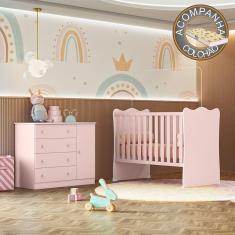 Quarto de Bebê Doce Sonho com Cômoda 2561 e Berço Simples 1 Qmovi Rosa Acetinado + Colchão Gazin