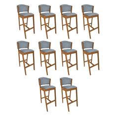 Kit 10 Banquetas Alta de Madeira Maciça Cerejeira Premium Ana com Encosto Linho Cinza