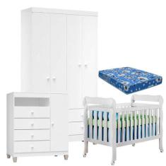 Quarto de Bebê 4 Portas Ternura Baby com Berço Lila Branco Brilho com 