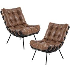 Kit 02 Poltronas Sala De Estar Costela Preto L04 Couro Mel