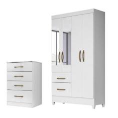 Kit Guarda Roupa Solteiro com Espelho Madri e Cômoda MS - Moval, Branc