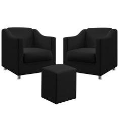 Kit 2 Poltronas Decorativa Alya E Puff Izar Sued Preto Aradecor