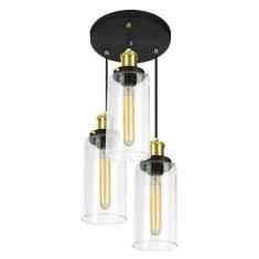 Lustre Pendente Triplo Château Cilindrico Vidro Preto Gold - MARRYLUZ