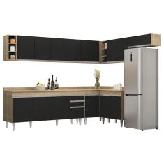 Armário De Cozinha Modulado De Canto 8 Peças Cp26 Balcão Com Tampo Castanho/preto - Lumil