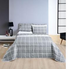 Colcha com jogo de lençol Queen 7 pças Cobre Leito Micropercal 200 Fios Dupla Face Austin - Cinza e Branco