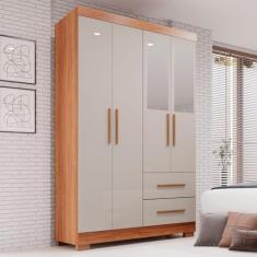 Guarda-roupa Solteiro 4 Portas com Espelho 2 Gavetas Estrela Premium Cinamomo/off-white