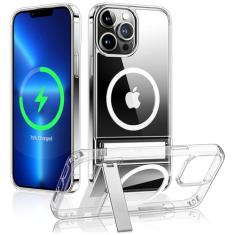 Capa de telefone magnética transparente para iPhone 15 14 Pro Max 13 12 11 Mini com suporte de metal para capa traseira de carregamento sem fio, transparente, para iPhone 12 Pro