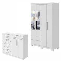 Conjunto de Guarda-Roupa 4 Portas 2 Gavetas Zeus com Espelho e com Pés e Cômoda Toronto Branco