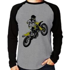 Camiseta Raglan Motocross Jump Manga Longa - Foca na Moda, Cinza, Pret
