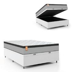 Cama Box Baú Colchão Casal Molas Ensacadas Real 138x188x68cm Linho Branco / Preto Inducol - Suporta 