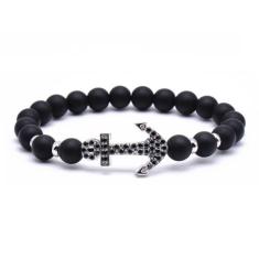 Pulseira Masculina Pedra Ágata Matte Pingente de Âncora